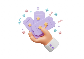 A 3d illustration of a hand holding multiple purple tickets with stars and confetti, isolated on transparent background