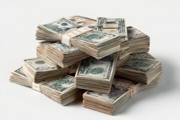 Large stack of US dollar bills neatly arranged on a flat surface showcasing significant cash wealth in a minimalist setting