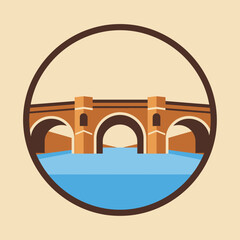 Fototapeta premium Illustration of a stone bridge over water within a circle on beige background.