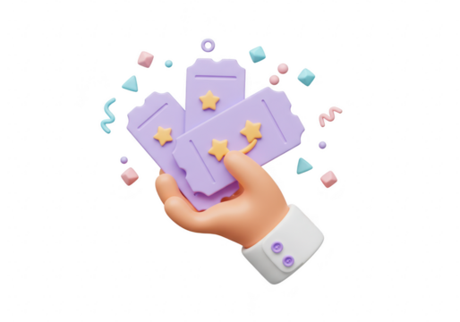 A 3d illustration of a hand holding multiple purple tickets with stars and confetti, isolated on transparent background