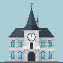 Obraz premium Illustration of a building with a clock tower against a blue background.