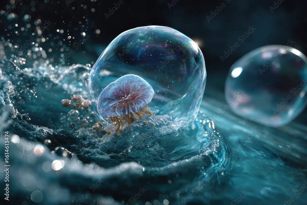 Poster bubbles floating in underwater scene with mesmerizing jellyfish in a realistic water environment