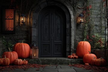 Obraz premium Halloween wallpaper featuring carved pumpkins and an ornate door at a mystical entryway surrounded by autumn foliage