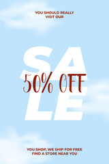 Stylish vertical autumn flyer with bold 50 percent off text and cozy seasonal colors. Designed for ecommerce and seasonal campaigns. Vector illustration