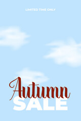 Minimalist autumn sale flyer with large text, seasonal colors and soft clouds. Clean and professional layout. Vector illustration