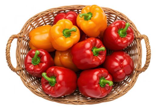 A woven basket filled with fresh red and orange bell peppers, ready for cooking isolated on transparent background