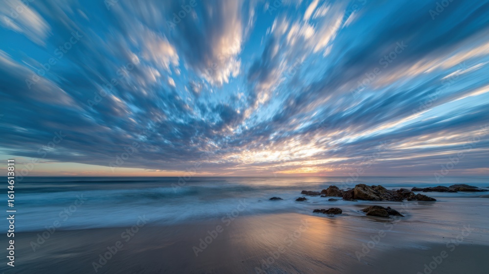 Poster stunning sunset reflects on the ocean's surface, creating a mesmerizing display of colors while gent