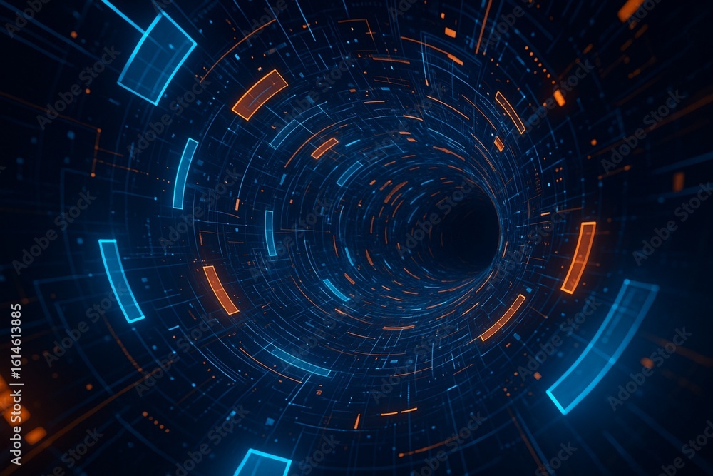 Poster abstract glowing blue tech tunnel with digital lines and floating data elements, perfect for technol