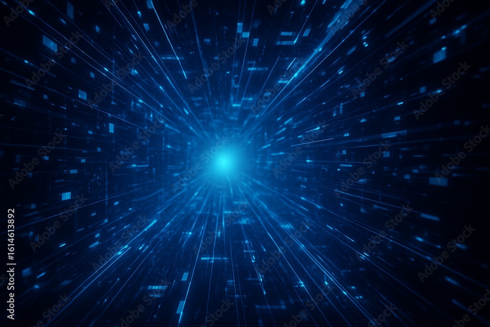 Poster abstract glowing blue tech tunnel with digital lines and floating data elements, perfect for technol