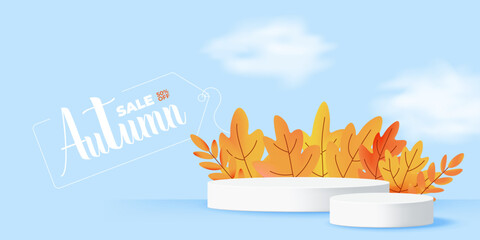 Simple autumn banner with floating leaves and 3D white podium. Horizontal background for product presentation and sale announcements. Vector illustration
