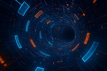Fototapeta premium Abstract glowing blue tech tunnel with digital lines and floating data elements, perfect for technology, cyber, or futuristic concepts. Technology abstract background 3D Rendering