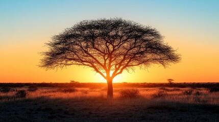 Silhouette tree at sunrise over savanna