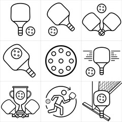 Pickleball Icon Set &ndash; Line Art Paddle, Ball, Player and Trophy