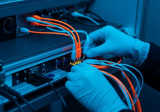 Technician connecting network cables to a server rack in a data center environment