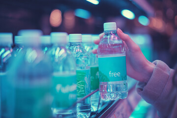 Neon-lit refrigerated aisle featuring bottled water display promoting sustainability