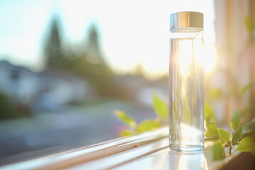 Sunlit glass water bottle on windowsill with leafy greenery