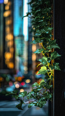 Urban nature contrast with ivy plant in cityscape at sunset
