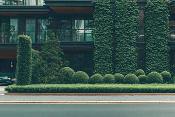 Urban landscape with lush vertical gardens and modern architecture