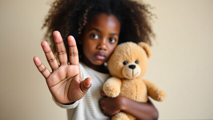 A young girl holds a teddy bear in one arm and holds her other hand up, expressing a sense of stop. The girl has beautiful dark skin and looks directly at the camera.