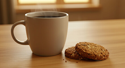 Steaming Coffee and Delicious Oatmeal Cookies on Wooden Table.