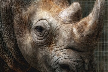 Obraz premium Exceptional close-up of a wild zoo animal showcasing the majestic features and textures of a rhinoceros in natural habitat during daytime