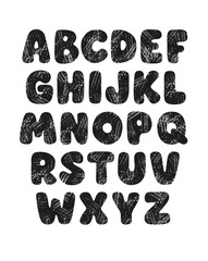 Naklejka premium Bold grunge alphabet with scratched texture. Hand-drawn uppercase letters in black distressed style. Perfect for posters, print design, vintage graphics, and creative typography. Vector
