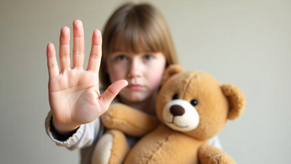 A child raising their hand to protect themselves, holding a teddy bear, a poignant message of safeguarding