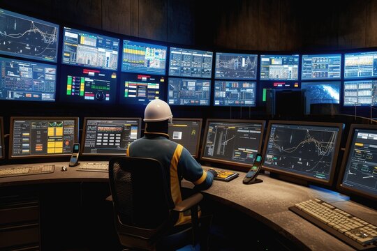 Control room filled with high-tech monitors displaying data and analytics at a major industrial facility during evening hours