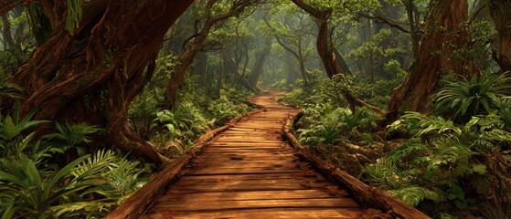 A winding wooden path through a lush green forest, surrounded by dense foliage and trees.