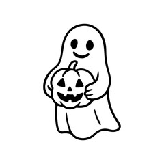 Cute ghost holding a Halloween pumpkin in cartoon doodle style. Black and white vector illustration isolated on white background. Perfect for spooky kids Halloween design