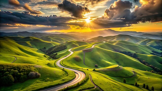 A winding road carves through lush green hills under a dramatic sunset sky with golden sun rays