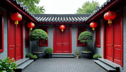 Timeless Chinese Courtyard Vibrant Red Doors and Lanterns Against Grey Walls a Harmonious Blend of Tradition and Tranquility