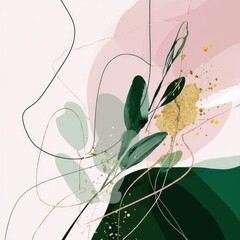Abstract art with gold, green, and pink organic shapes and lines