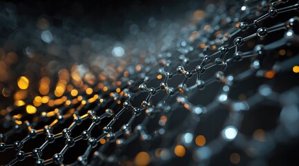 Abstract dark background with 3D rendered metallic molecular structure and bokeh lights