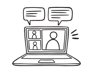 video conference laptop meeting or online learning icon doodle hand drawn. Outline line drawing 