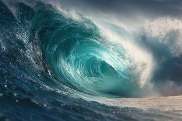 Lush turquoise waves crashing majestically on the north shore of Oahu, Hawaii during the golden hour, showcasing nature's raw beauty and power