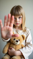 A young girl holding a teddy bear, making a stop gesture with her hand, conveying a strong message of protection. The scene is imbued with a sense of vulnerability and determination