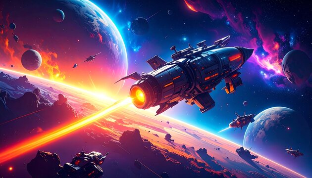 Futuristic spaceship in a vibrant space battle - Powered by Adobe