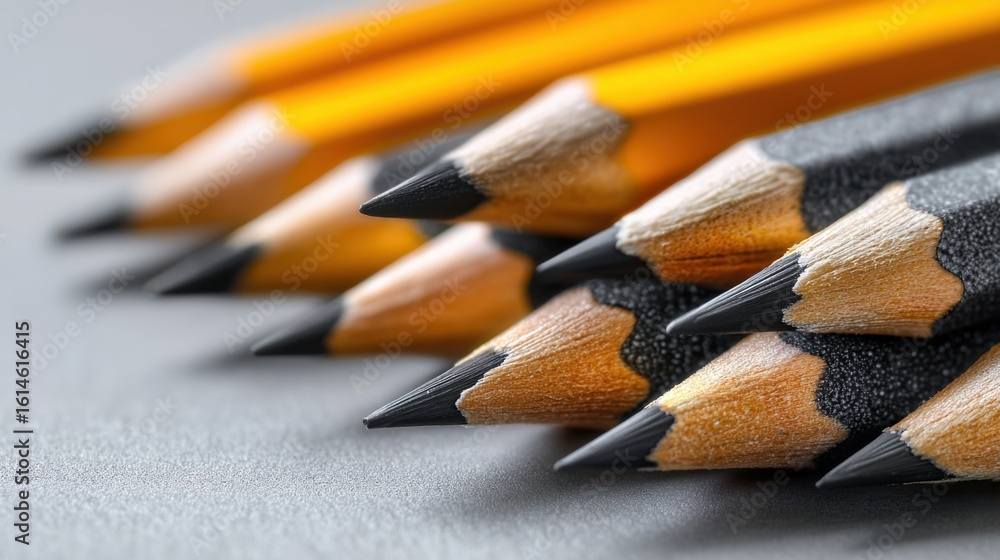 Poster multiple sharpened pencils are arranged in a line on a grey surface.