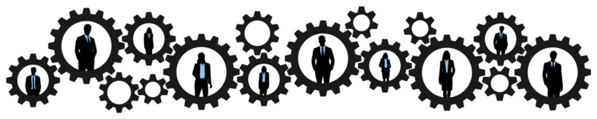 Business people connect in cog gear vector. Ideal for teamwork concepts, corporate synergy, or integrated processes. functional business mechanism, emphasizing collaboration.
