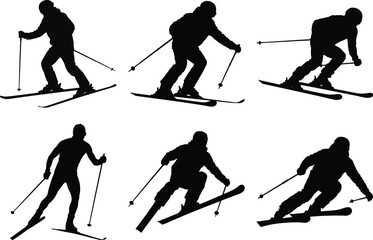 Skiing silhouette vector collection of skier in action, performing jumps, turns, and cross-country movements