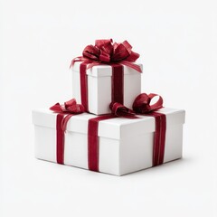 Obraz premium Two white gift boxes stacked, adorned with maroon ribbons and bows