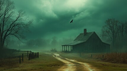 Misty, moody rural landscape