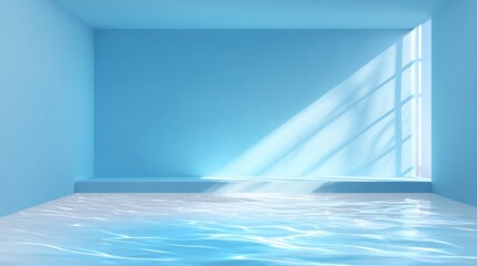 Obraz premium The scene showcases a modern, minimalist room painted in shades of blue, with water covering the floor. Sunlight filters through a window, creating gentle reflections on the surface.