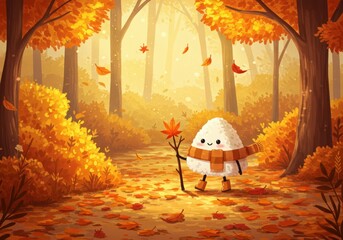 Cute cartoon ghost with scarf and stick in a colorful autumn forest