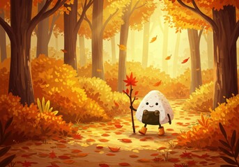 Cute onigiri character walking through autumn forest