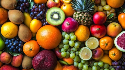 Colorful assortment of fresh mixed fruits top view including citrus, berries, grapes, apples, and tropical fruits arranged in a vibrant pattern for healthy eating and wellness concepts



