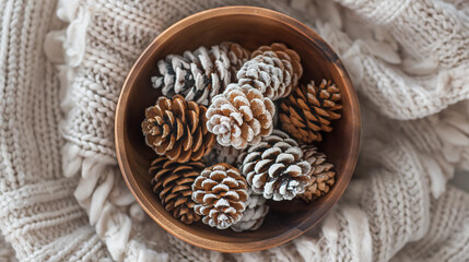 Rustic wooden bowl filled with natural pinecones on a textured knitted blanket