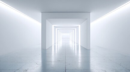 A digitally rendered image showcases a long, bright white corridor with sleek, minimalist architecture.  The floor reflects the ceiling's lights, creating a sense of depth and endlessness