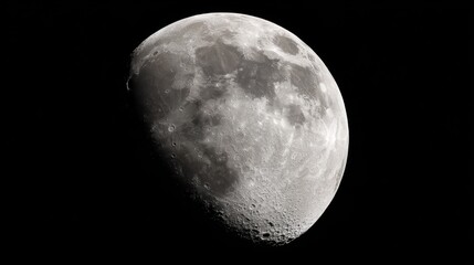 A crescent moon shines brightly in the night sky, revealing intricate details of its surface. The dark background emphasizes the moon's features and creates a serene celestial ambiance.